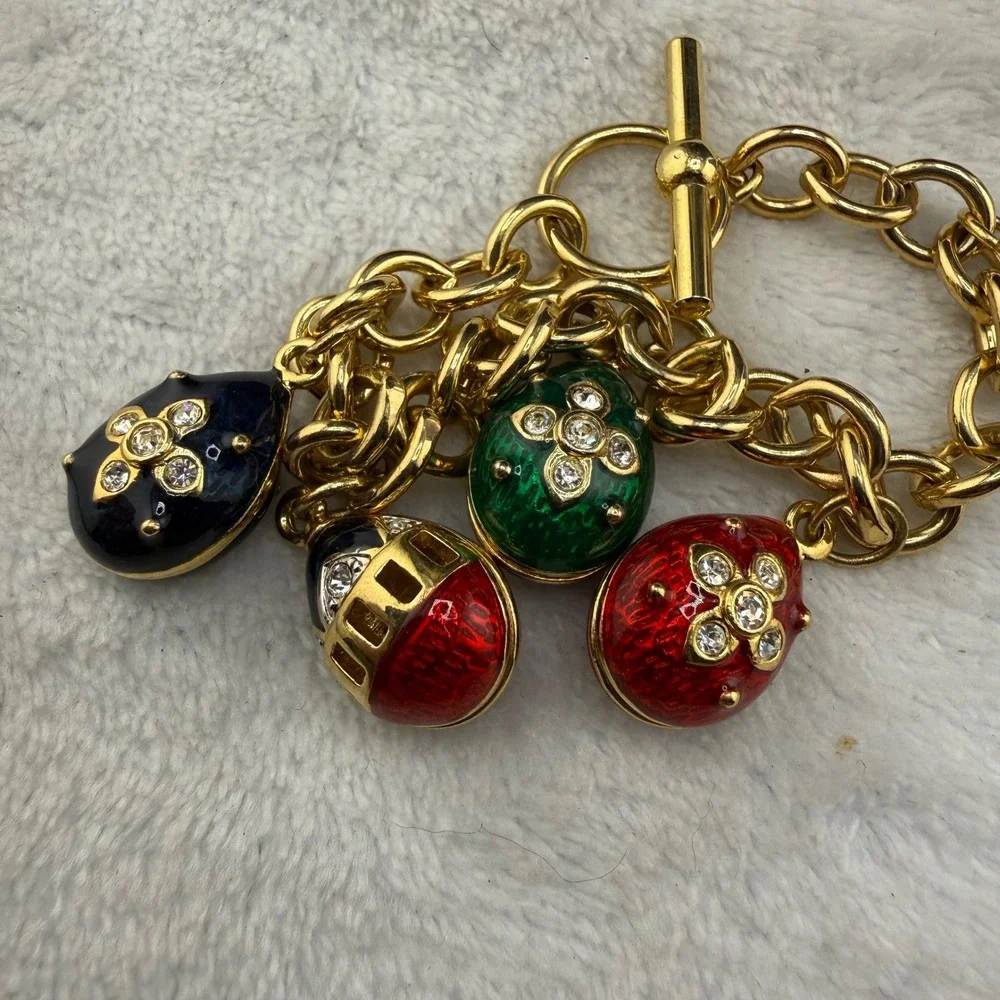 Vintage Egg Charm Bracelet Gold Tone Enamel Rhinestone Multi READ